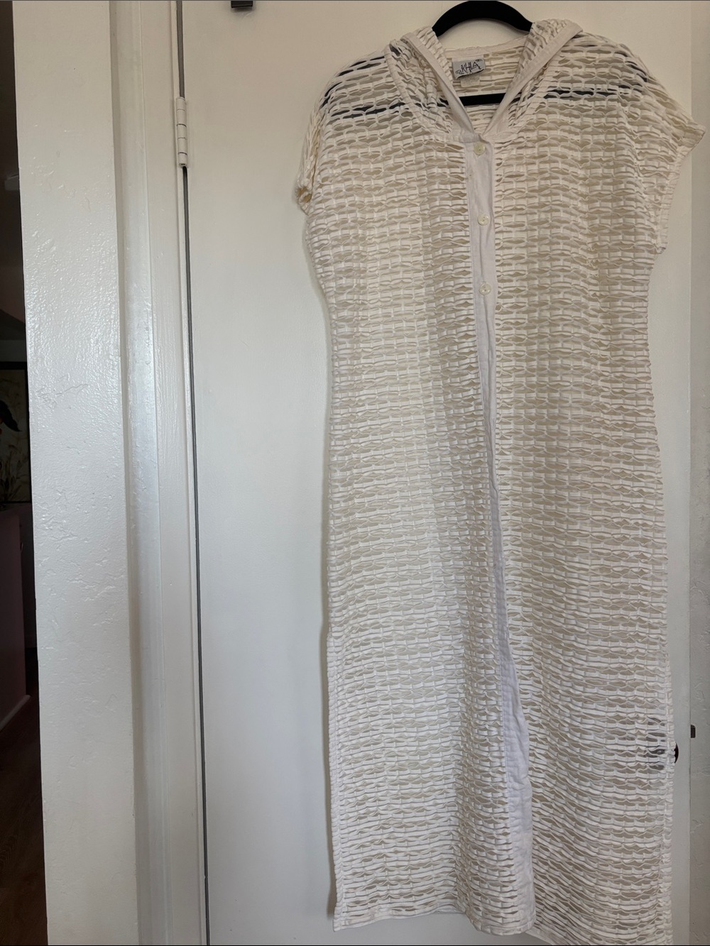 KHLA Lightweight Crochet Hooded Cover-Up Dress in Cream M/L